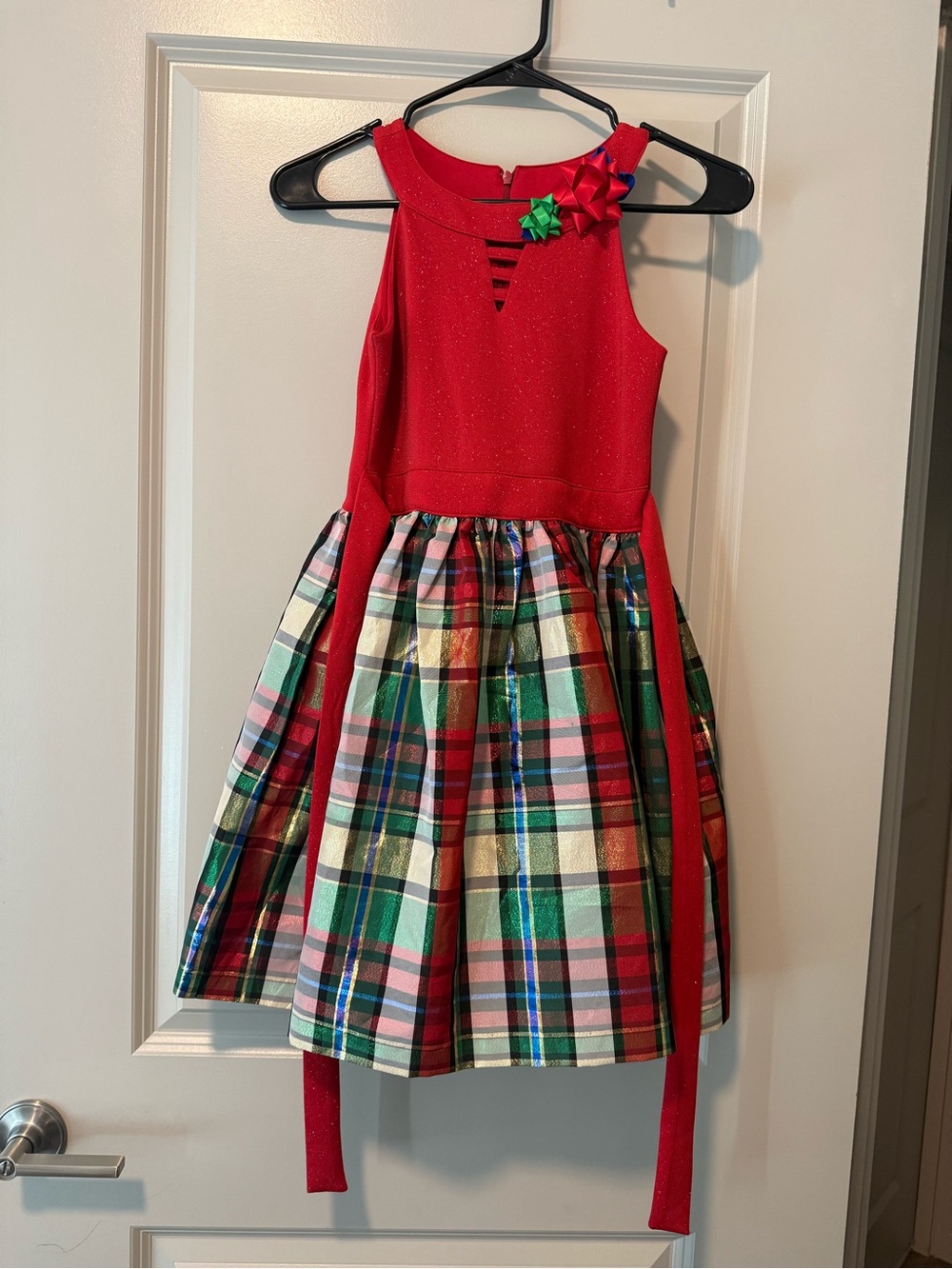 Bonnie Jean Red Sparkle Bodice Plaid Holiday Dress with Bow